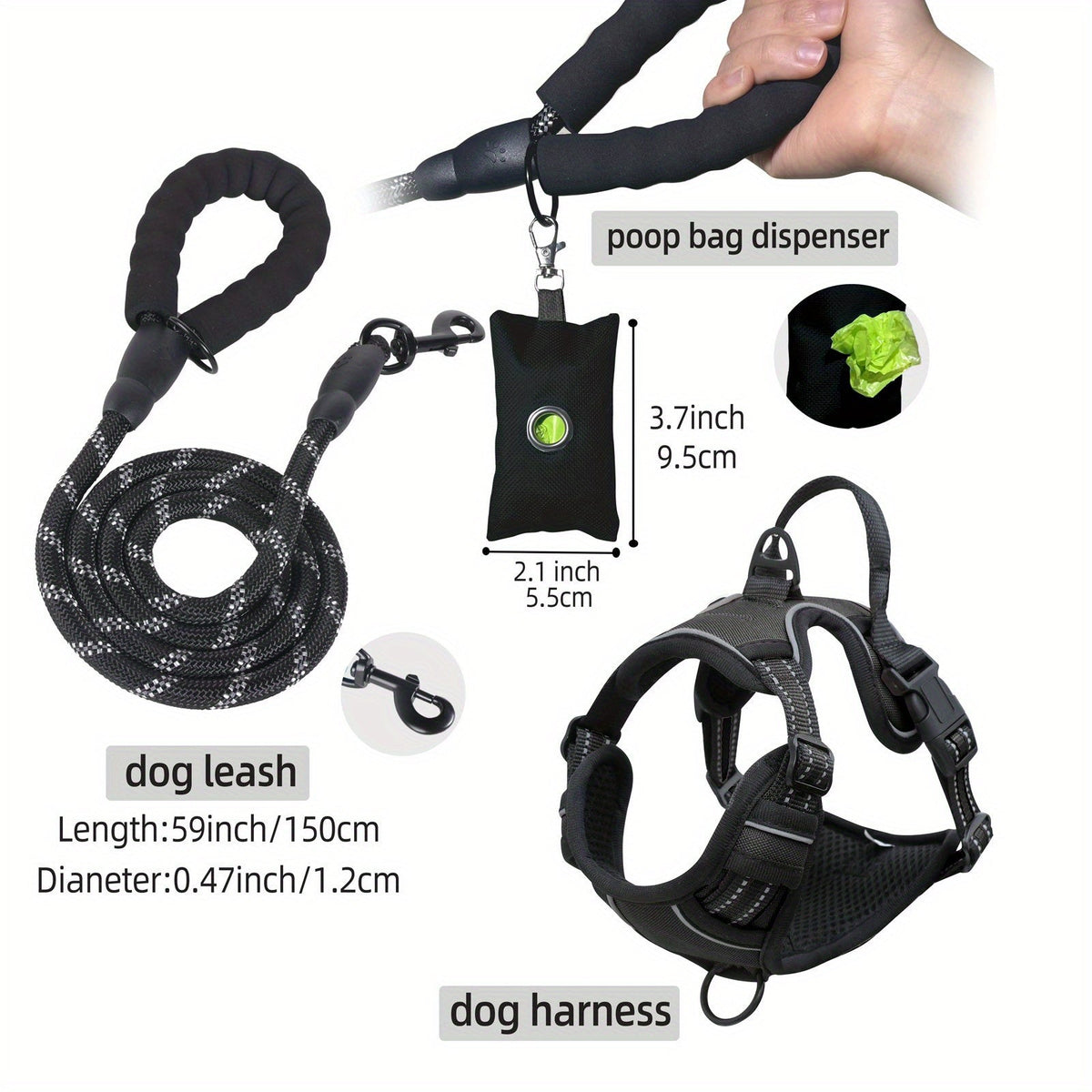 Dog Harness, Leash, and Poop Bag Dispenser 3-Piece Set – Escape-Proof, Adjustable, Breathable Vest Harness for Medium to Large Dogs with Reflective Strips – No-Pull Padded Dog Walking Kit with Waste Bag Holder