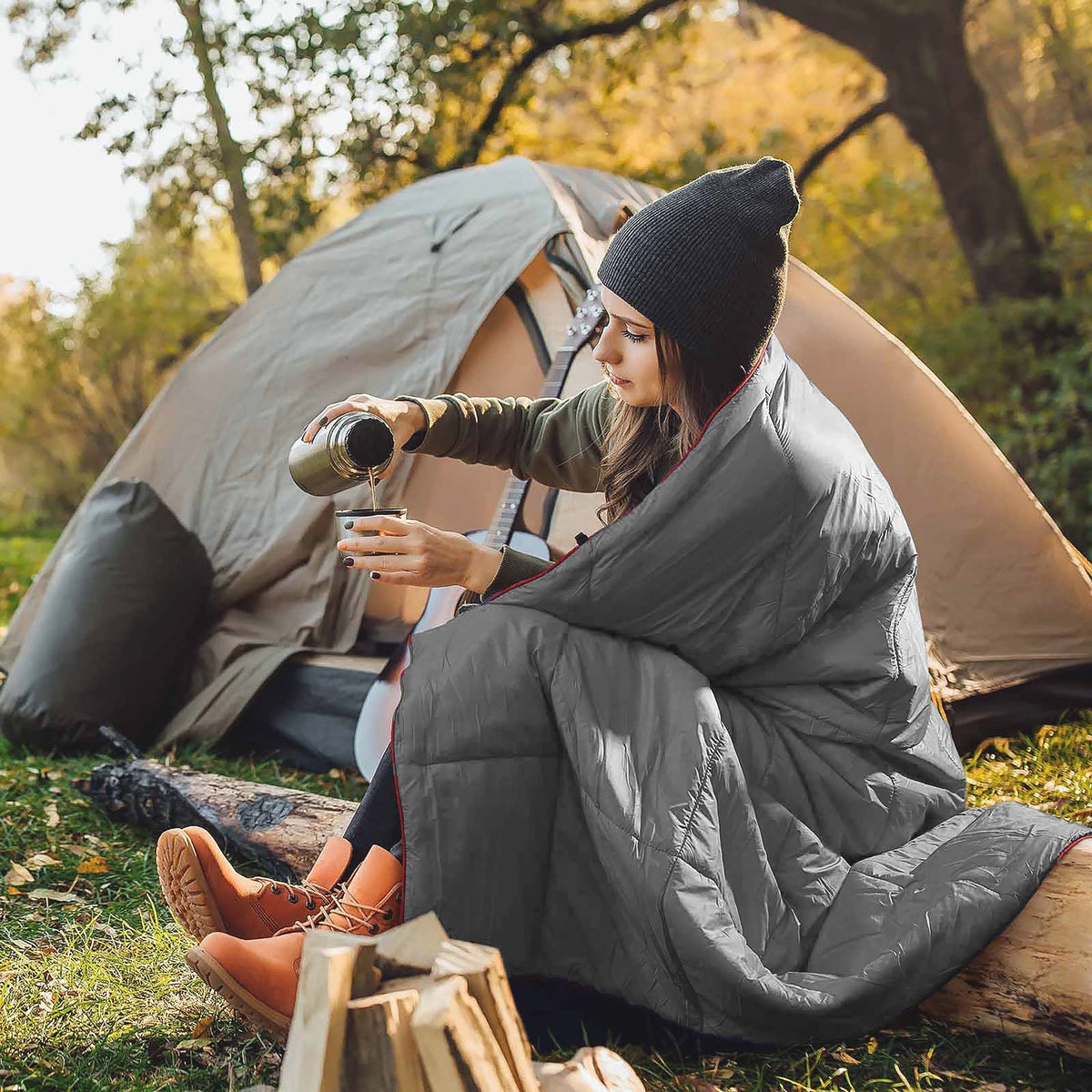 Outdoor Camping Puffy Blanket, Foldable, Lightweight, Warm, DWR Water-Resistant, with 3D Eye Mask, 140x200cm, for Camping, Travel, Car, Beach, Stadium, Hammock, Sofa, Festival