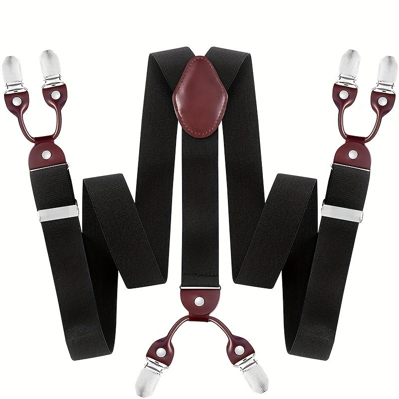 Men's Y-Back PU Leather Heavy Duty Suspenders with 6 Metal Clips – Adjustable Elastic Vintage Style, Black, Gray, Navy Blue, White, Coffee, Beige, Wine Red, for Casual & Formal Wear