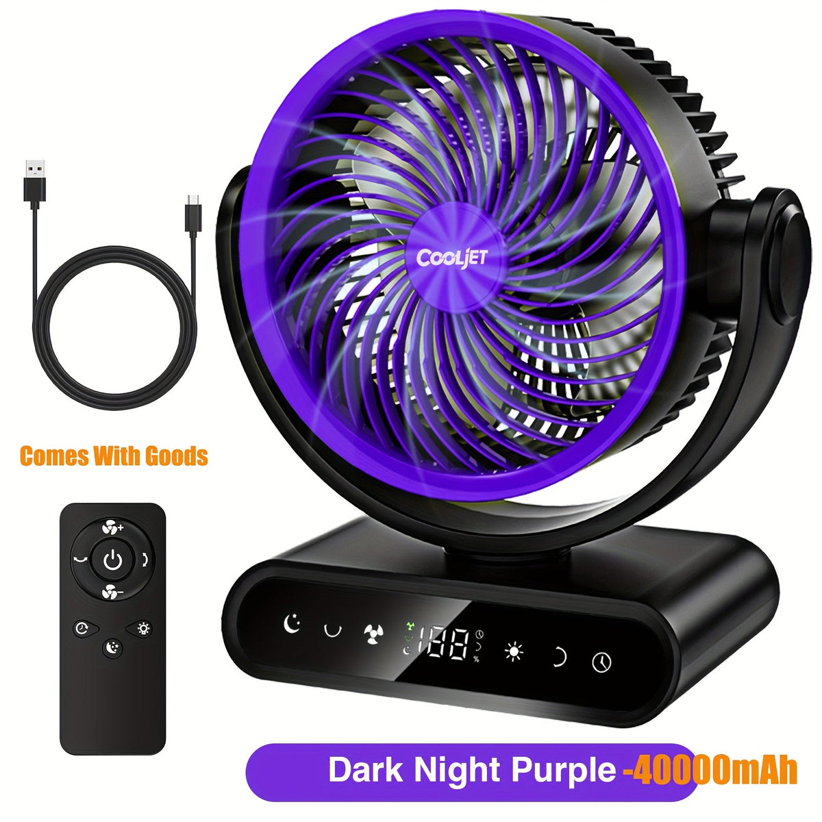 Portable Battery Fan 20000mAh / 40000mAh – 9-Inch 5-Speed Oscillating Fan with Remote 12 LED Warm Lights 14H-50H Runtime for Outdoor Camping Home Office