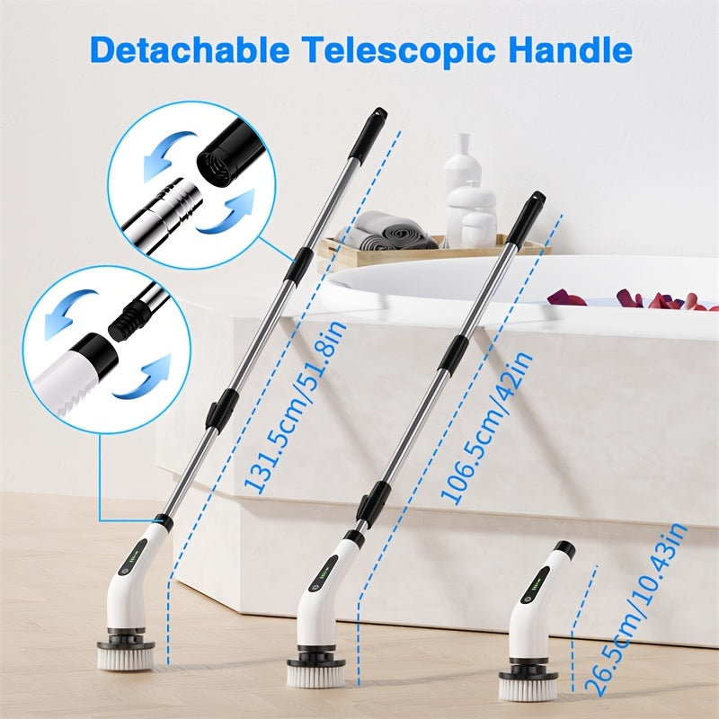 Electric Spin Scrubber Cordless 7-in-1 Cleaning Brush with 7 Replaceable Heads, Dual Speed Adjustable, Detachable Telescopic Handle for Bathroom Tile, Tub, Kitchen, Car, and Floor Grout Scrubbing