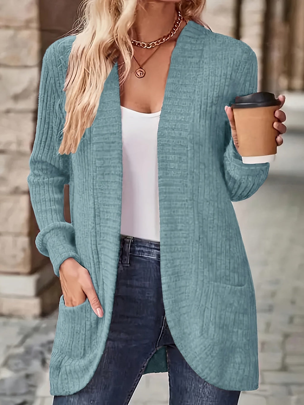 Women's Open Front Cardigan Jacket with Pockets, Long Sleeve Solid Color Casual Knit Coat, Light Grey/Black, S M L XL, Lightweight Layering Outerwear