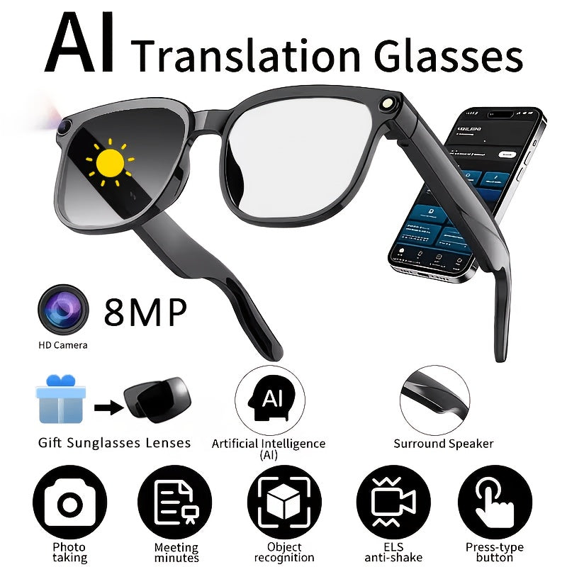 AI Smart Glasses with 8MP HD Camera, Touch Control, ChatGPT Real-Time Translation, Wireless Calling, Blue Light Protection, Dual-Mic Noise Reduction, and Photochromic Lens for Cycling, Driving, Travel, and Office Use
