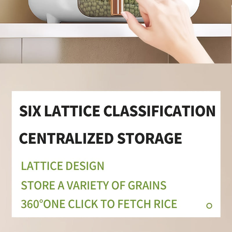 Rotating Cereal Dispenser 6-Grid Large Capacity Airtight Rice Storage Container, Moisture-Proof Insect-Proof Grain Dispenser with Transparent Window & Press Button, Food-Grade PP for Rice, Grains, and Flour
