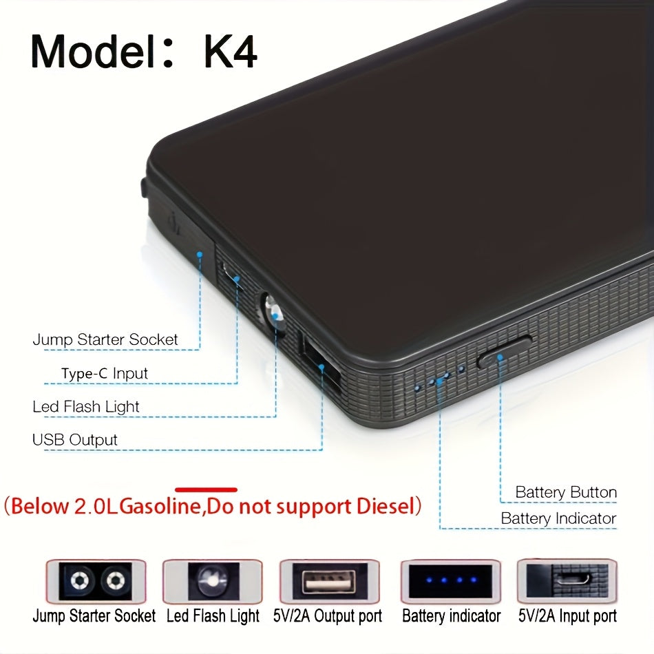 便携式汽车应急启动电源 1600A–3000A 12V 电池启动器 – 适用于汽油和柴油发动机的紧凑型应急启动电源，配备 USB 充电端口及 LED 手电筒