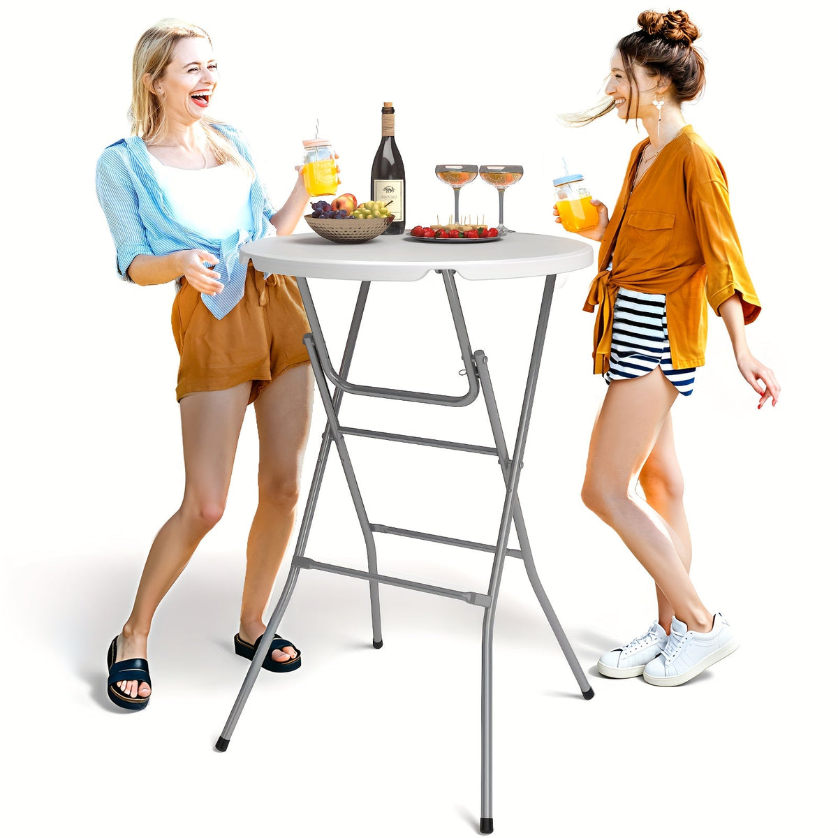32-Inch Bar Height Round Folding Table – Portable Plastic Table Thickened Top Metal Frame Locking Legs for Parties Events Indoor & Outdoor in White & Black
