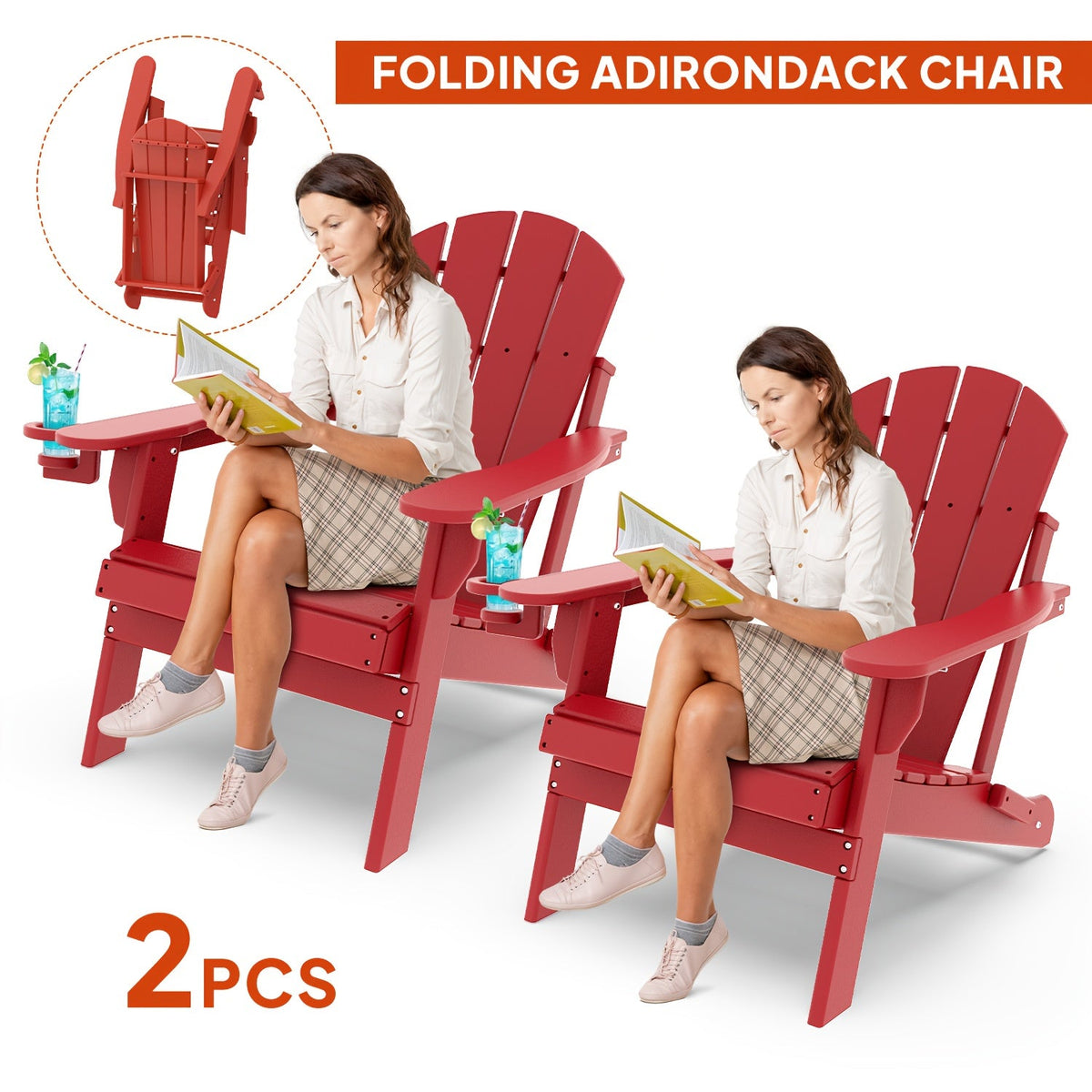 Folding Adirondack Chair with Cup Holder Portable Recliner Stainless Steel Frame Durable Plastic Easy Clean for Patio Poolside Garden Camping Set of 1 2 4 6