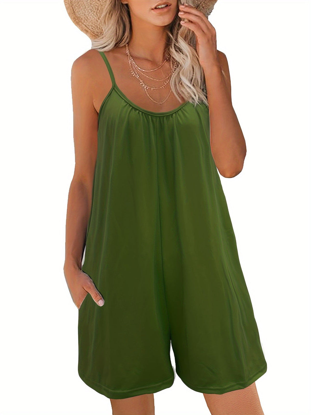 Women's Solid Color Strappy Sleeveless Cami Wide-Leg Jumpsuit with Pockets, Summer Casual Beach Romper