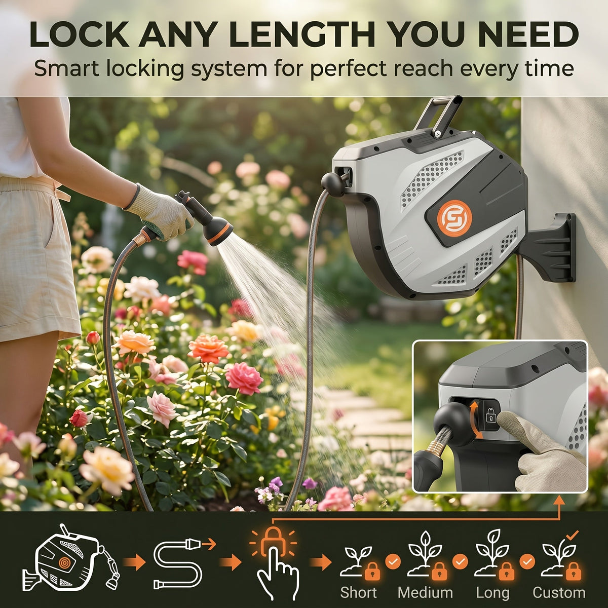 Retractable Wall-Mounted Garden Hose Reel – 33 / 50 / 85 / 115 FT, Auto Rewind, Any-Length Lock, 180° Swivel, 10-Function Nozzle, 3/4" Brass Fittings, UV-Resistant – Nova Mart