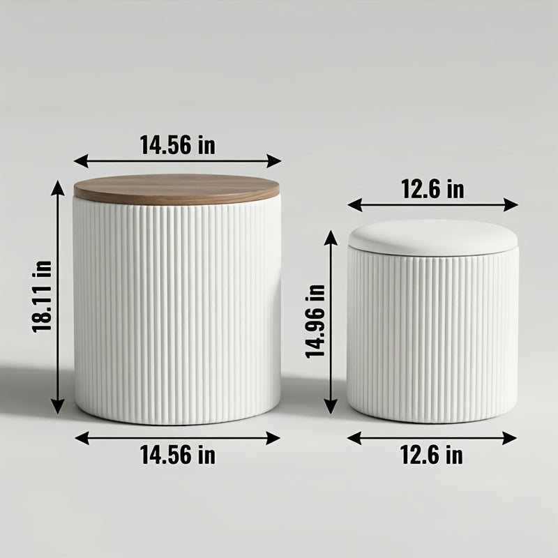 Set of 2 Round Storage Ottomans with Lids - Upholstered, Hidden Storage, Vanity Stools & Coffee Table Alternative for Living Room - Easy Assembly - Grey, Black & Beige