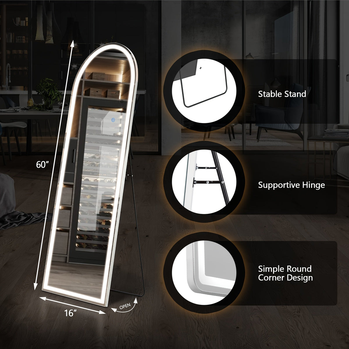 LED Full Length Mirror 64"x21" with Lights, Floor Standing Wall Mirror, Dimmable 3-Color Lighting, Aluminum Alloy Thin Frame, Lighted Body Mirror for Bedroom Dressing Room Makeup, Modern Decor