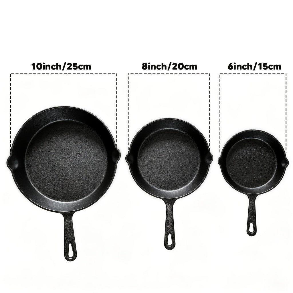 3-Piece Cast Iron Skillet Set (6, 8, 10 Inch), Pre-Seasoned Non-Stick Heavy-Duty Cookware, Oven, Grill, and Campfire Safe, Even Heat Distribution for Steak, Cornbread, and Baking – Rustic Kitchen Cookware