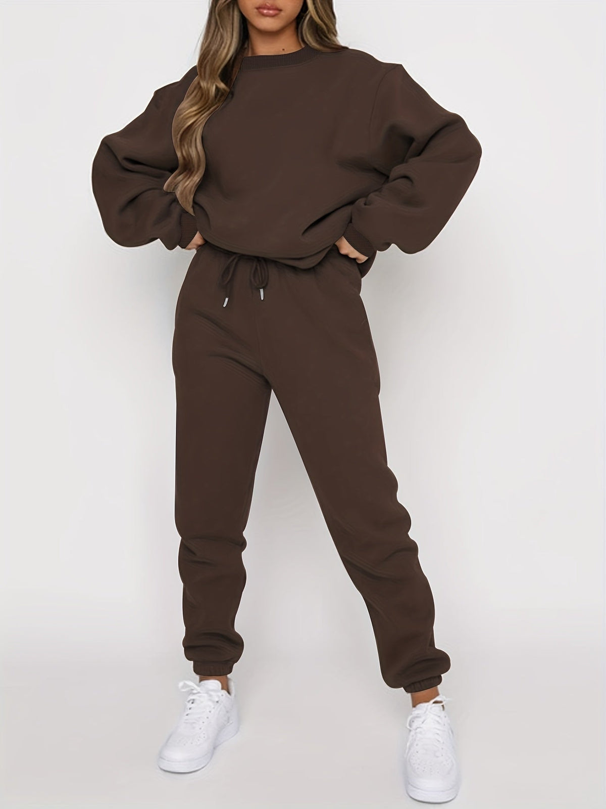 Women's 2-Piece Sweatshirt and Pants Set, Crew Neck Pullover with Elastic Waist Drawstring Joggers, Casual Lounge Suit, Beige/Grey/Black/Navy/Coffee, S-XXL