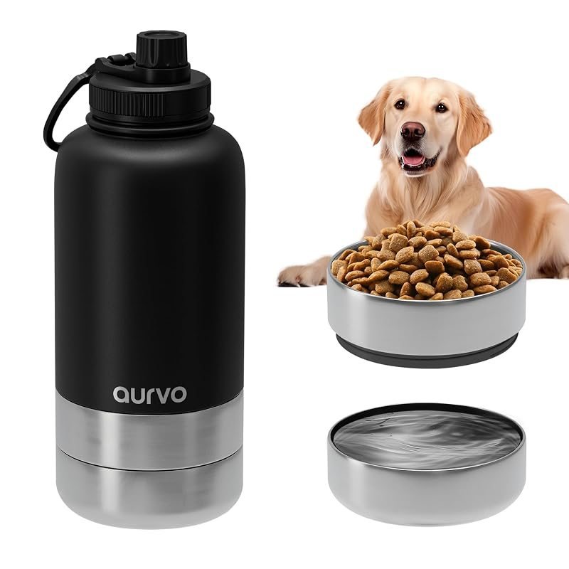 32oz Dog Water Bottle with Bowl - Leakproof Insulated Stainless Steel Portable Travel Pet Water Bottle for Hiking, Camping, Outdoor Walking - Dog Travel Water Dispenser