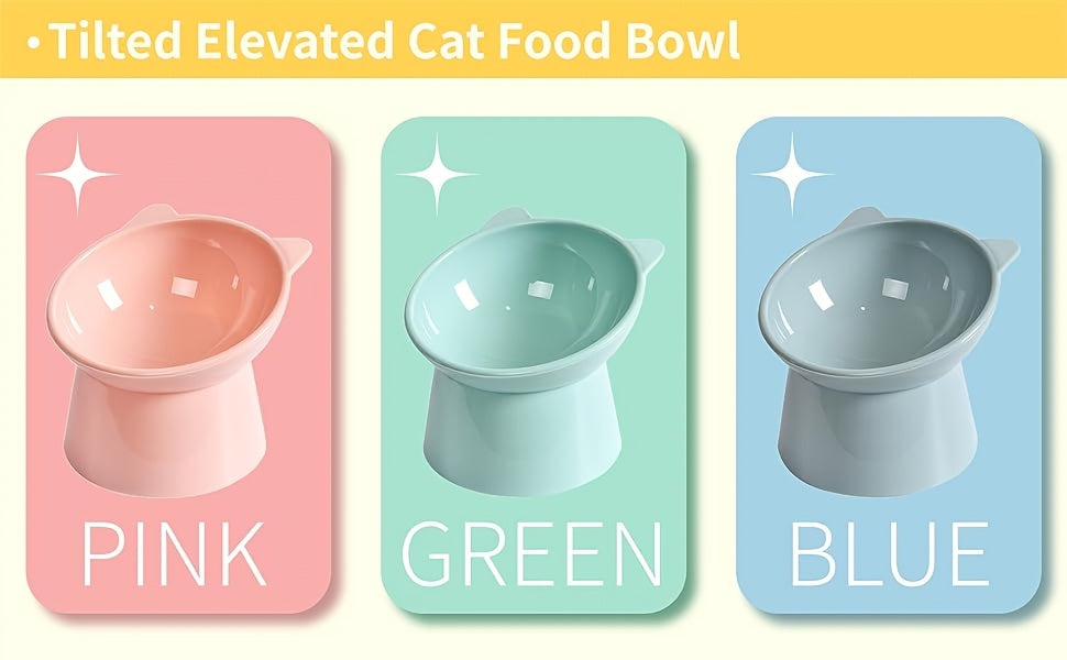 Raised Cat Bowls Set of 3, Cat-Ear Shaped Elevated Feeder, Anti-Slip Base, Neck Comfort Design, Tri-Color Pet Feeding Dish (Pink, Green, Blue) for Multi-Cat Households