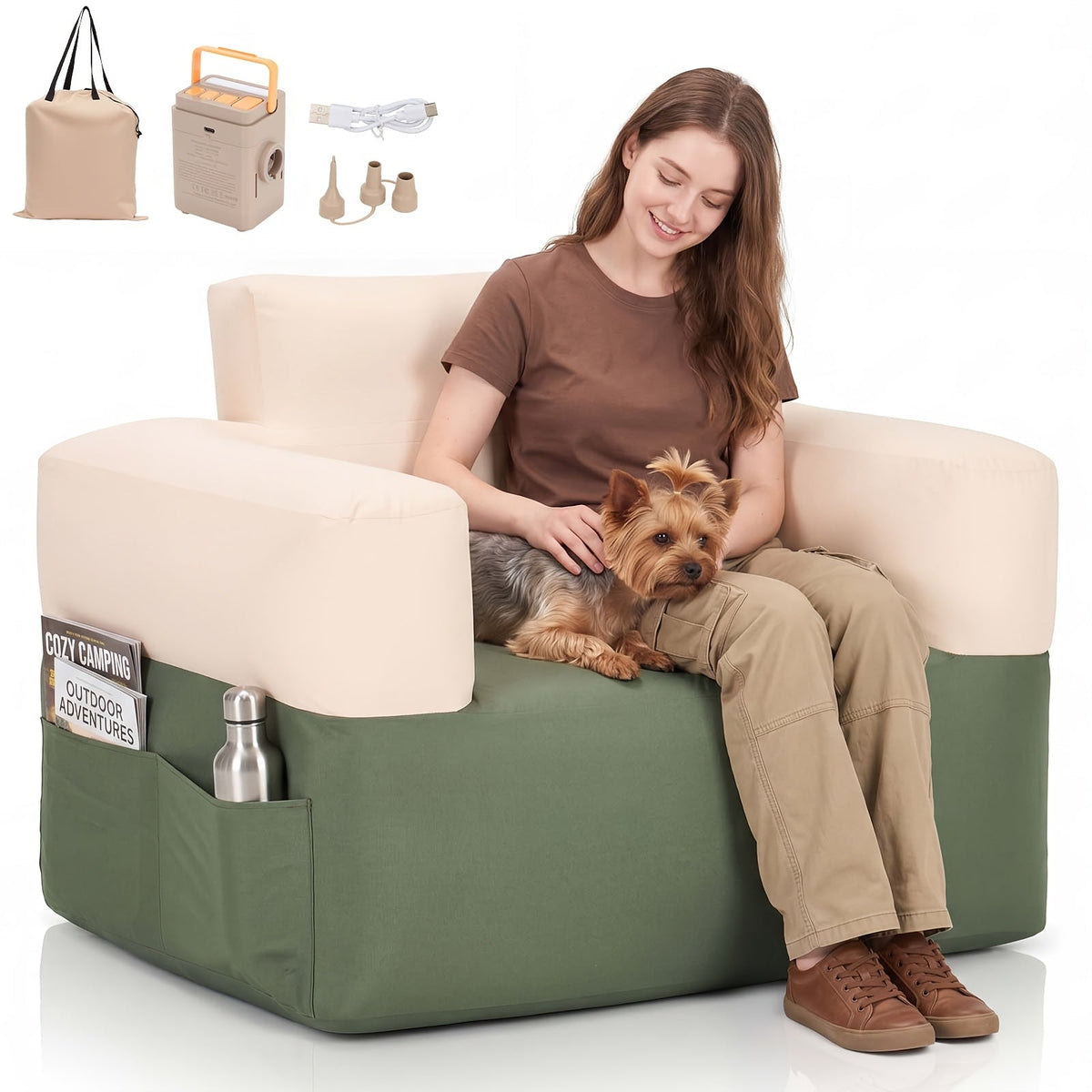 Portable Inflatable Couch with Wireless Air Pump, Blow-Up Sofa with Supportive Backrest & Armrests, Quick Inflate & Deflate, for Camping, Living Room, Patio, Beach & Travel