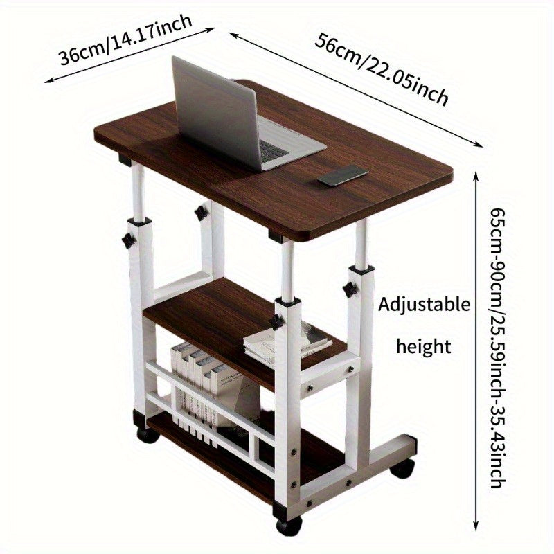 3-Tier Rolling Folding Desk with Wheels, Height-Adjustable and Expandable Desktop, Storage Shelf for Laptop, Study, Home Office, Bedroom, Living Room Computer Table