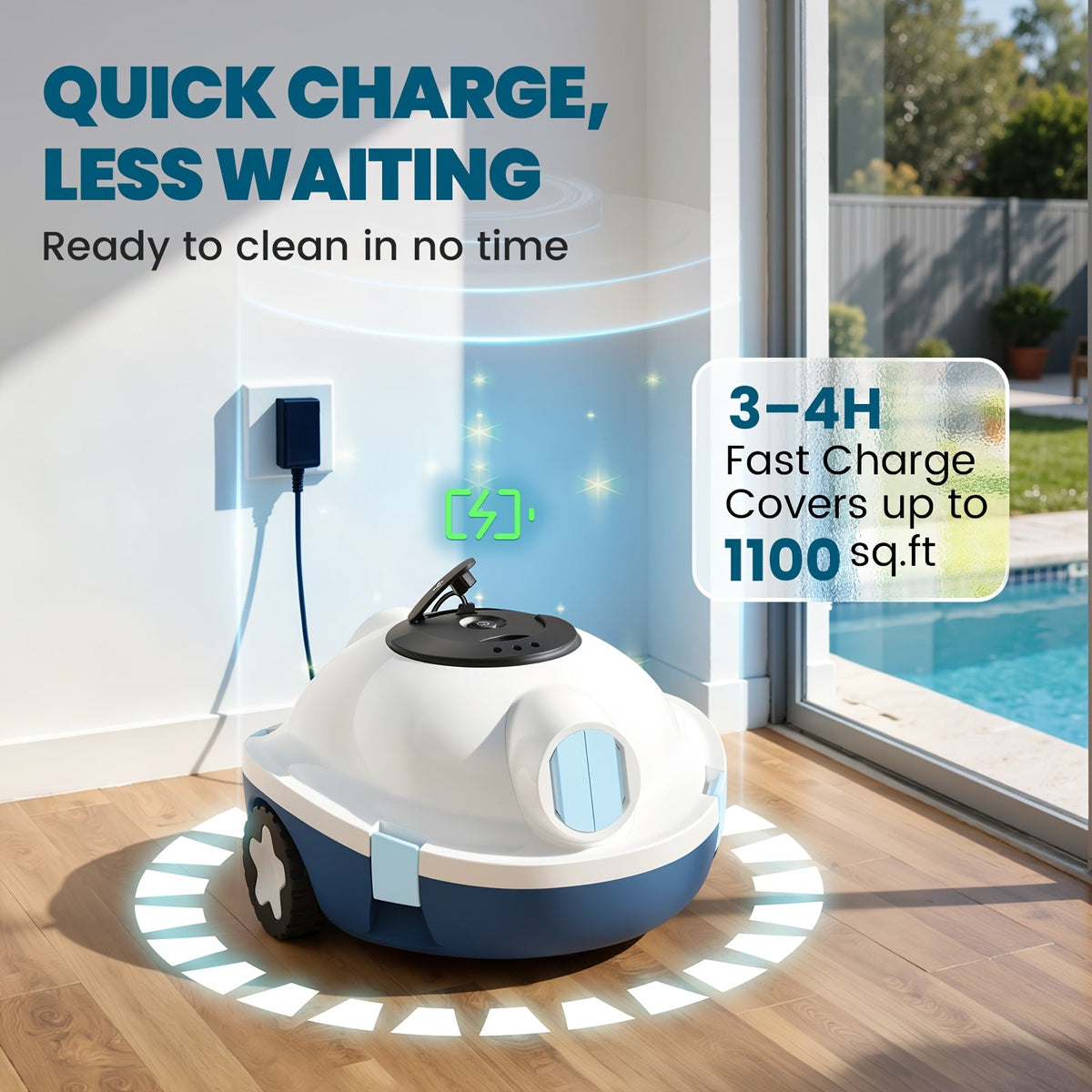 Cordless Robotic Pool Cleaner, 120-Minute Battery, IPX8 Waterproof, Powerful Suction, Covers 1100 Sq Ft, Tracking Rope Included, Auto Random Route Planning, for Flat-Bottom In-Ground & Above-Ground Pools
