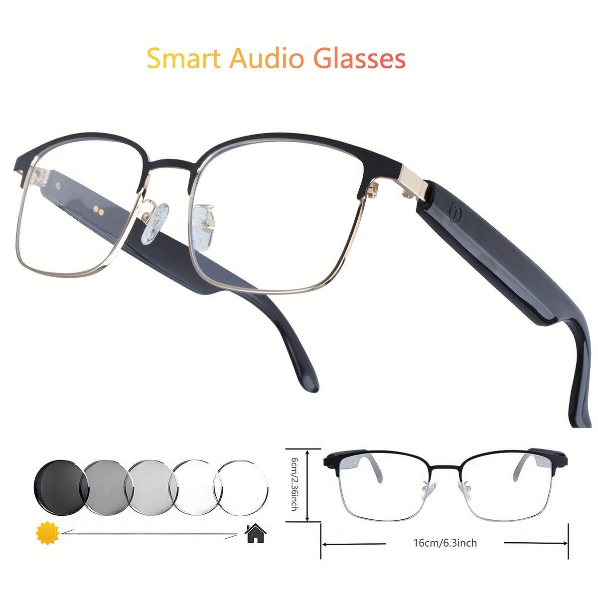 Smart Audio Glasses Bluetooth 6.0 – Auto-Dimming Photochromic Lenses, Anti-Blue Light, Music & Phone Calls, Converts to Sunglasses in Seconds, Multiple Frame Colors