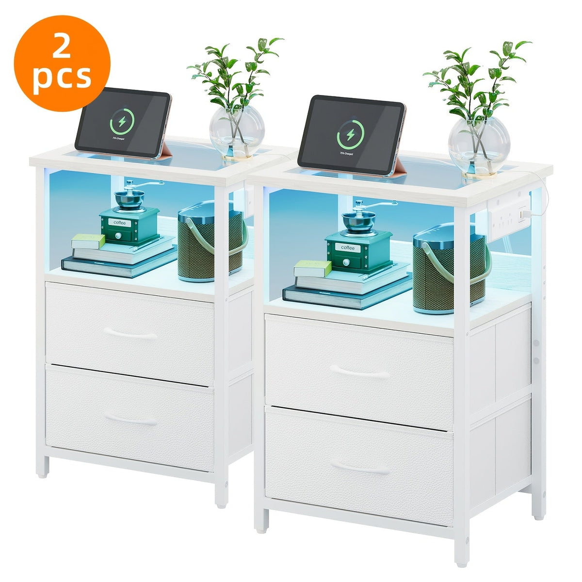 TOMNK Nightstand with Glass Tabletop LED Light & Charging Station 2 or 3 Fabric Drawers PU Finish Display Stand for Bedroom & Living Room – Black White Brown