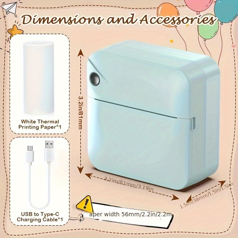 Portable Wireless Bluetooth Thermal Printer, Mini Pocket Printer, Ink-Free for Smartphones, Photos, Notes, Stickers, Diaries, Memos, Includes Thermal Paper Roll