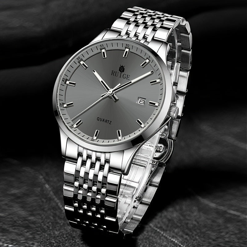 RUIGE Men's Luxury Quartz Watch Stainless Steel with Calendar, Luminous, and Rhinestone Accents - Sports Business Dress Watch for Men, Gift for Him