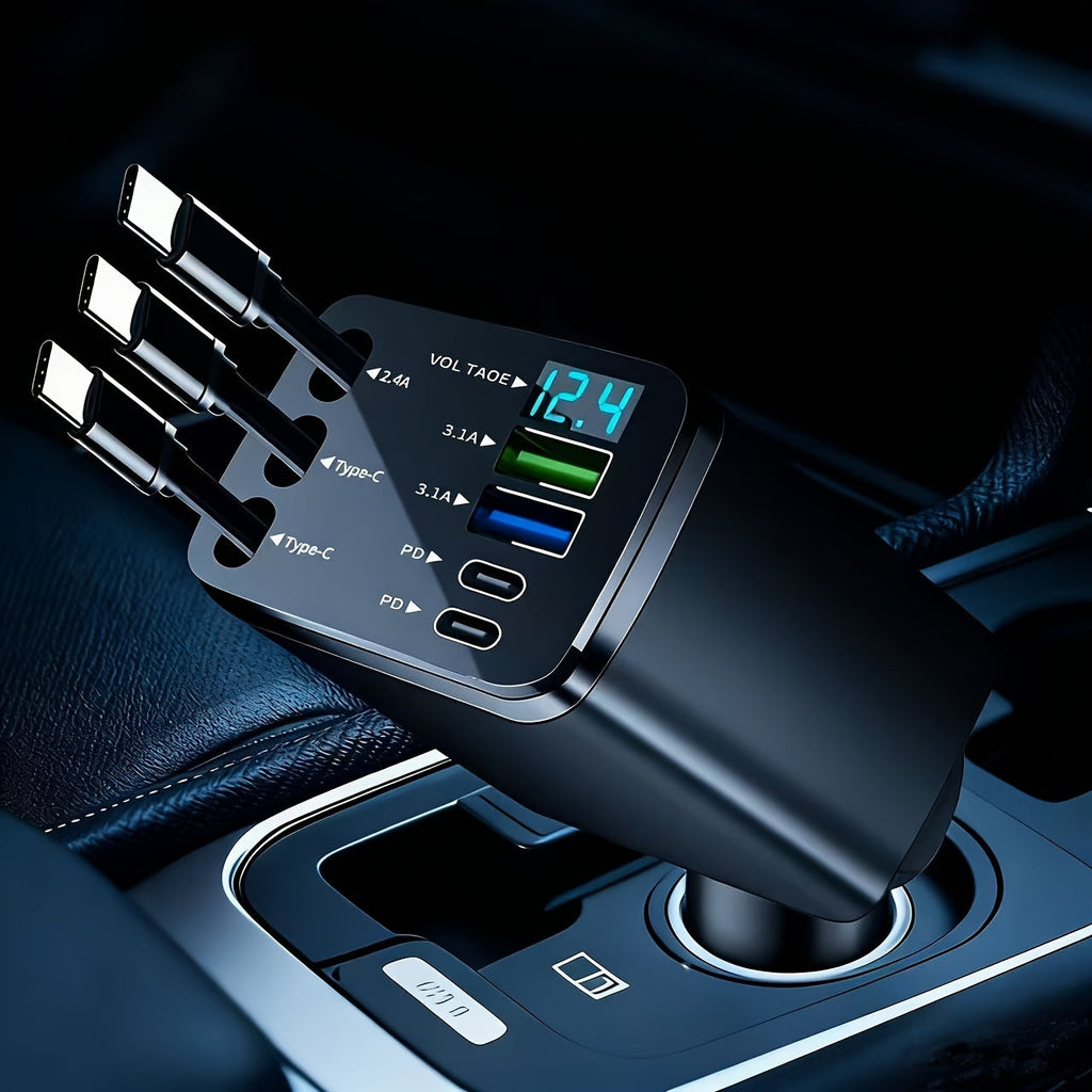 7-in-1 Fast Car Charger with 3 Retractable Cables, LED Digital Display, and 180° Adjustable Universal Plug - Multi-Port Car Phone Charger for iPhone, Android, and USB-C