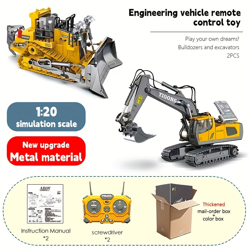 Remote Control Excavator Toy Set with Metal Shovel, LED Lights, 1200mAh Battery, RC Construction Truck, Bulldozer, Dump Truck, and Loader Combo for Boys Ages 6 and Up, Birthday or Christmas Gift