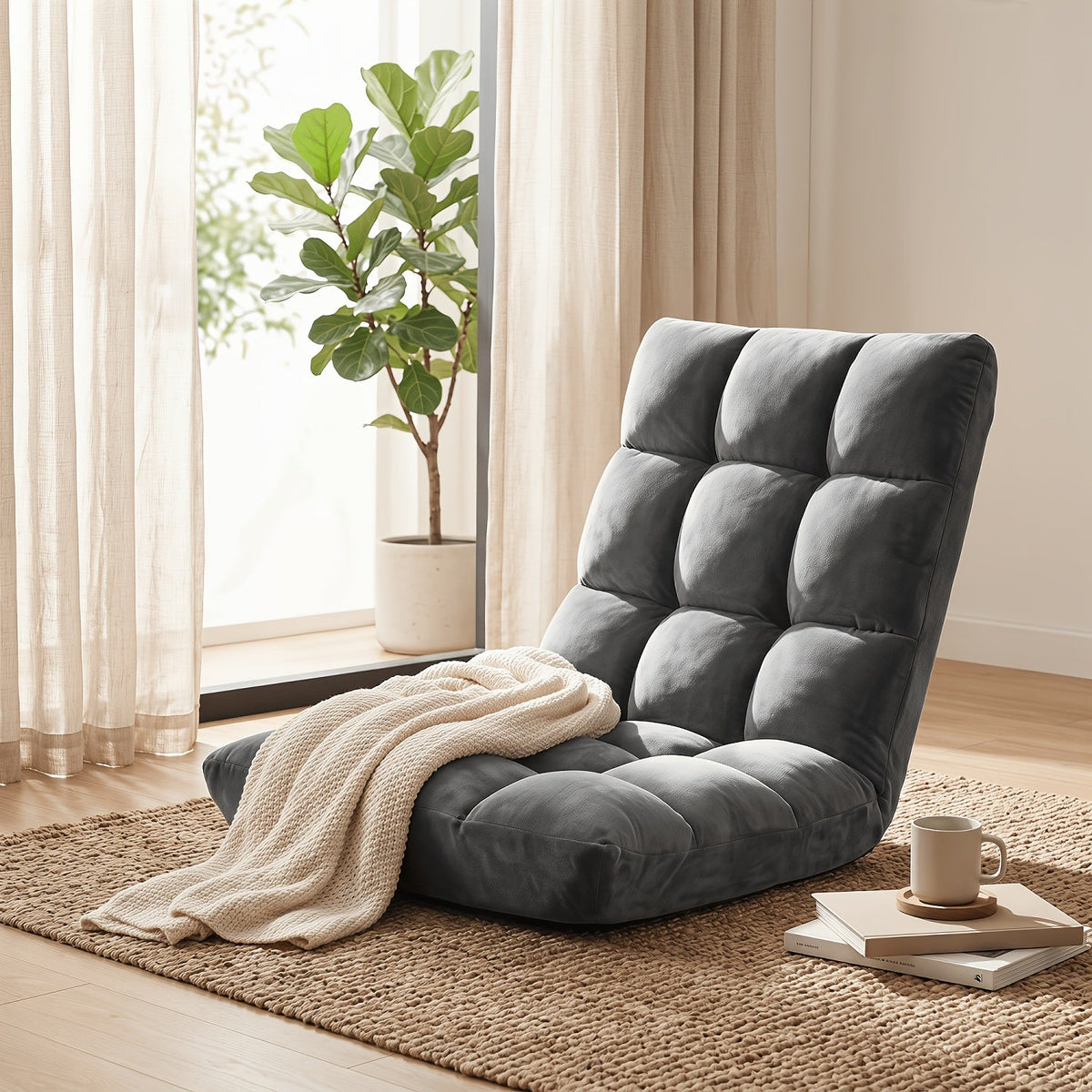 Adjustable Foldable Floor Chair Thick Padded Plush – 14-Position Lazy Sofa Gaming Reading Meditation Yoga Lounger for Bedroom Dorm Apartment