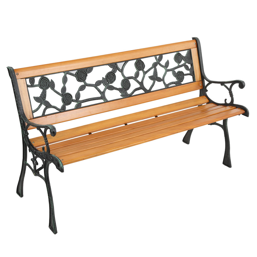 49 Inch Outdoor Garden Bench Cast Iron Hardwood Floral Rose Back Love Seat 330LBS Capacity Weather-Resistant Patio Porch Deck Bench Bronze Natural