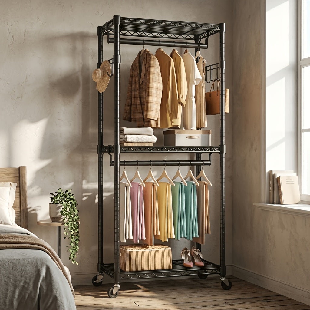 Heavy Duty Rolling Clothes Rack Adjustable Double Rods – Metal Freestanding Closet Organizer with Wheels & Side Hooks for Hanging Clothes