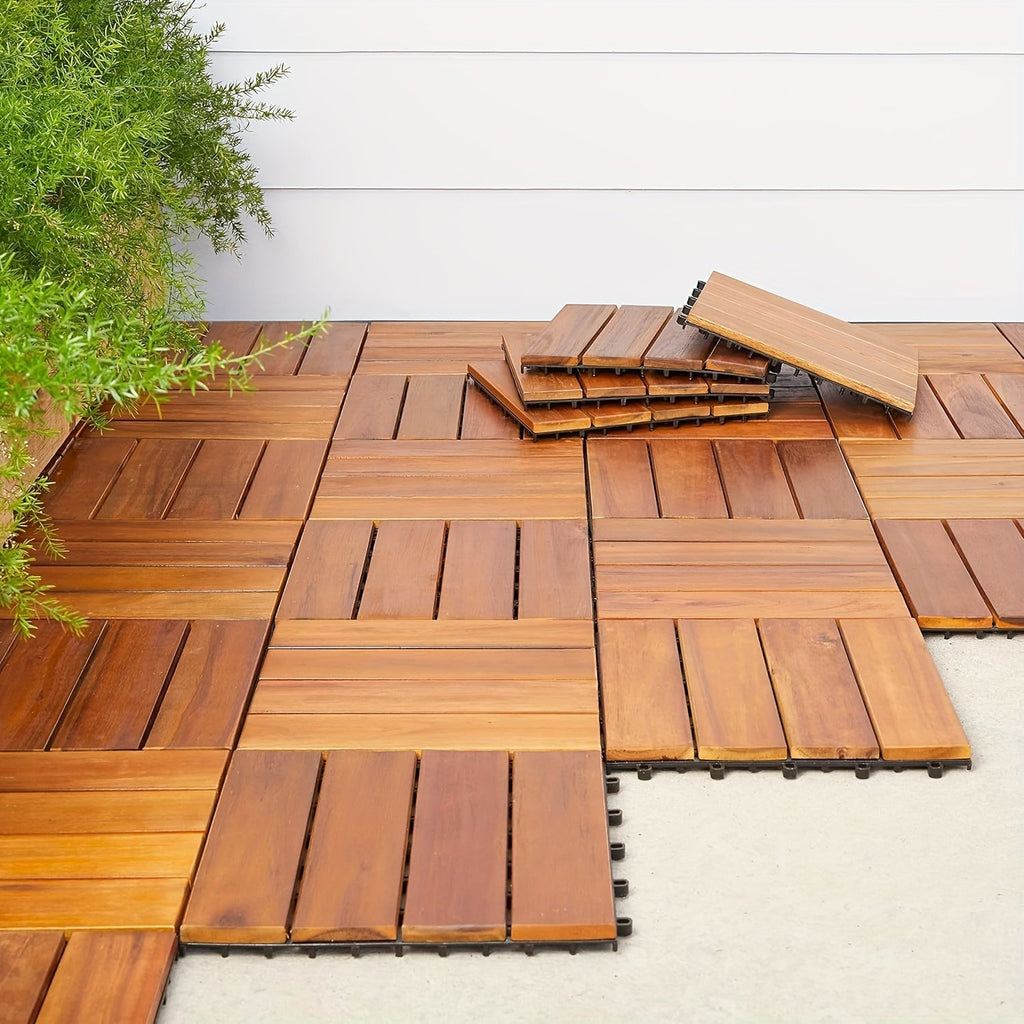 Solid Acacia Wood Interlocking Patio Deck Tiles 12"x12" – 10 or 27-Pack Waterproof Indoor Outdoor Flooring for Balcony Backyard Poolside Checkerboard Pattern