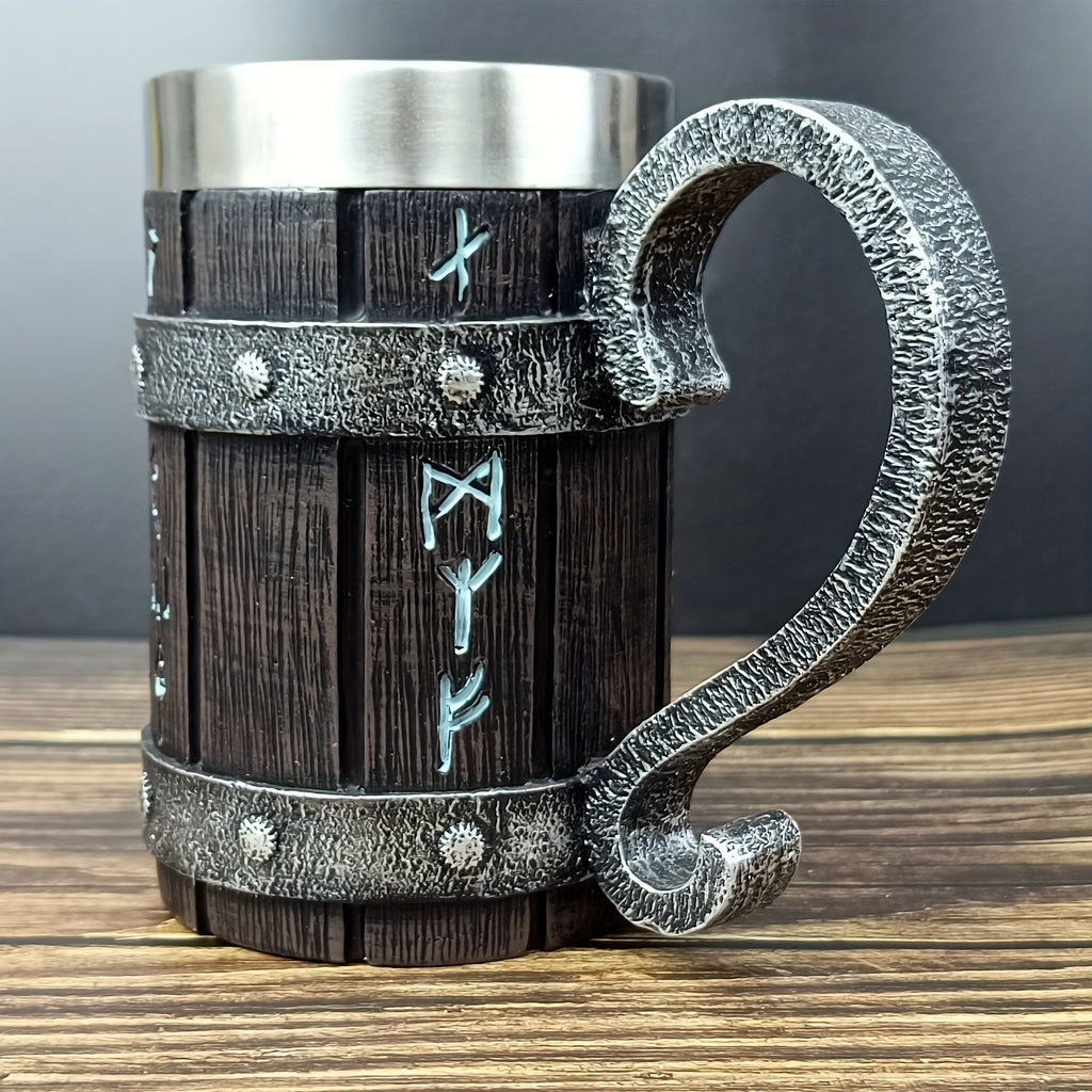Bamboo Slice Wooden Bucket Mug – 600ml/20oz Large Capacity Stainless Steel Double-Layer Resin Craft Imitation Wood Coffee Juice & Beverage Cup in Black