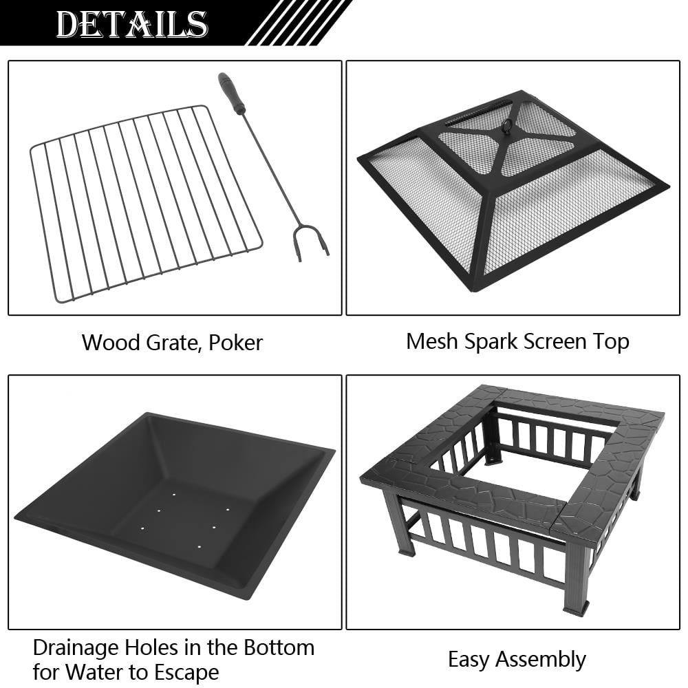 32" Square Outdoor Fire Pit Table – 3-in-1 Wood Burning Fireplace with Mesh Spark Screen BBQ Shelf & Poker Anti-Rust Metal for Patio Garden & Backyard in Black