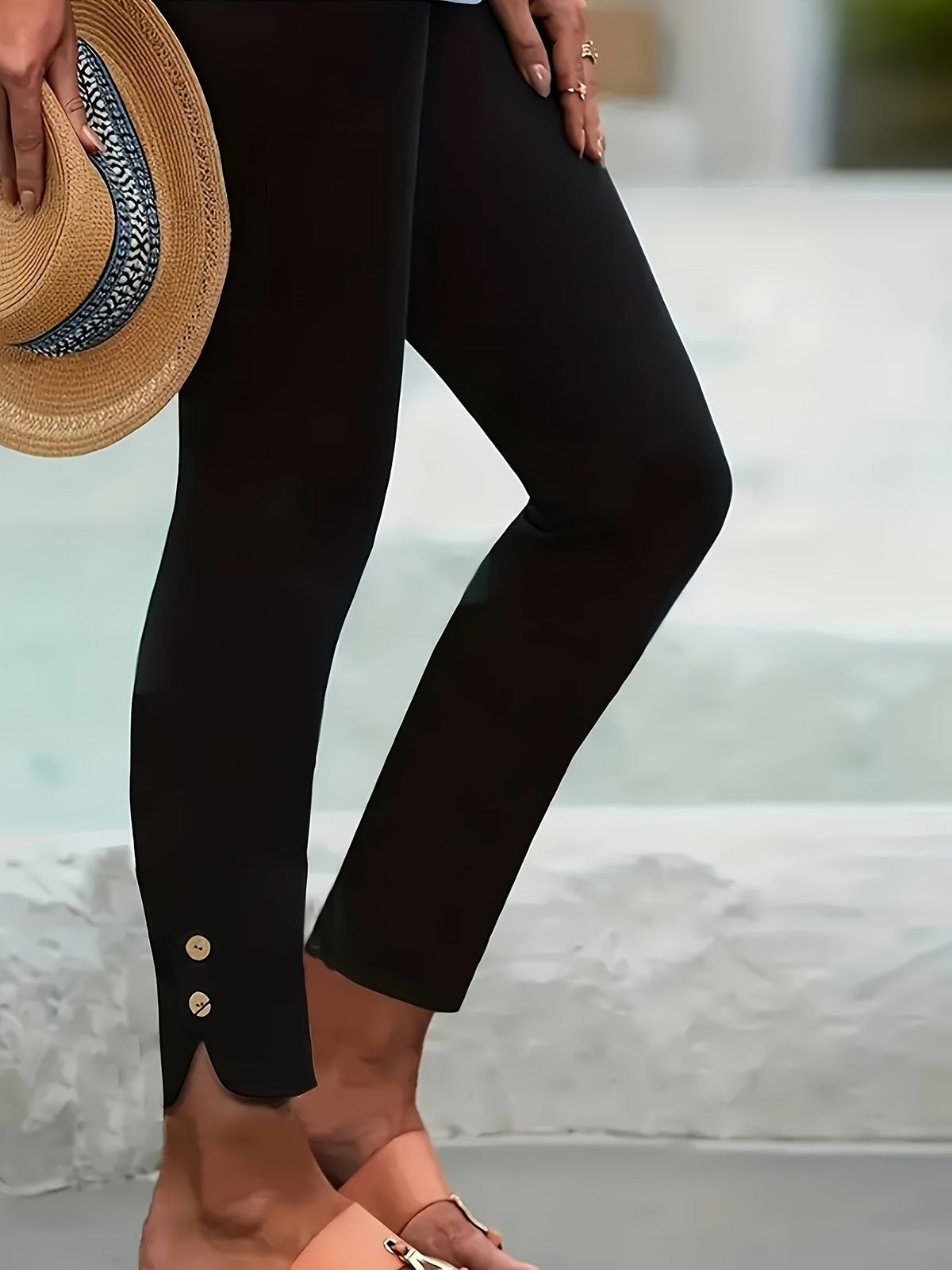 Women's Tummy Control Stretch Capri Pants, Elastic Tie with Coconut Button, Ankle Length - Slimming Casual/Semi-Casual Leggings for Spring, Summer, and Fall, Machine Washable