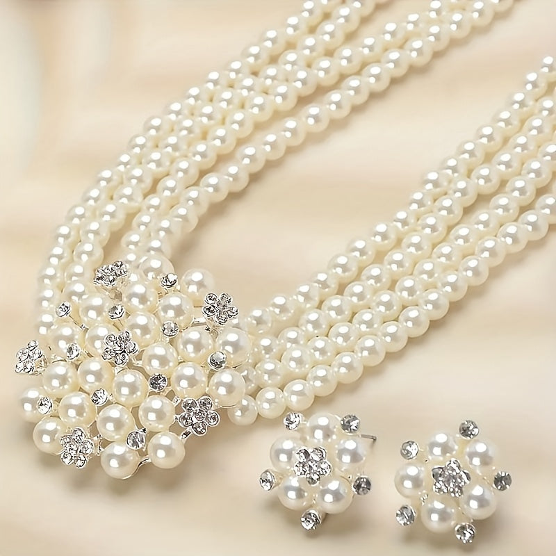 Luxury Bridal Necklace & Earring Set for Women – Silver-Plated Beaded Jewelry Set for Weddings, Evening Parties & Stage Performances, Elegant Dress Accessories