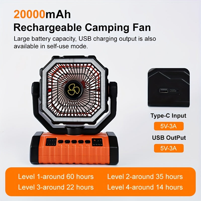 20000mAh Camping Fan with LED Lantern, Rechargeable Oscillating Fan with 4 Speeds and Timer – Portable Tent Fan for Outdoor Camping, RV, Jobsite, and Power Outages