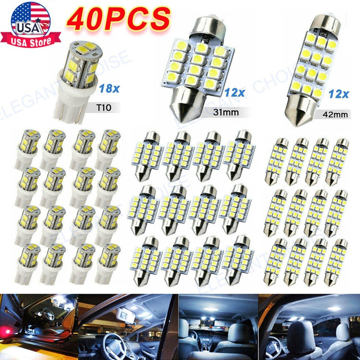 40PCS Car LED Interior Bulb Kit T10 W5W 31mm 42mm 6000K Cool White 12V, Error-Free Map Dome Door Trunk Courtesy Light Replacement Set for Most Cars
