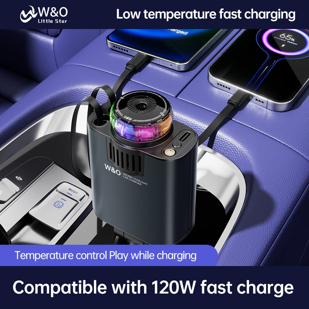 3-in-1 Car Charger, Air Freshener & Starry Sky Projector – Dual 80cm Retractable Type-C & Lightning Cables, Aromatherapy Diffuser for iPhone 16/15 and Samsung S25/S24, Premium Car Interior Upgrade Gift
