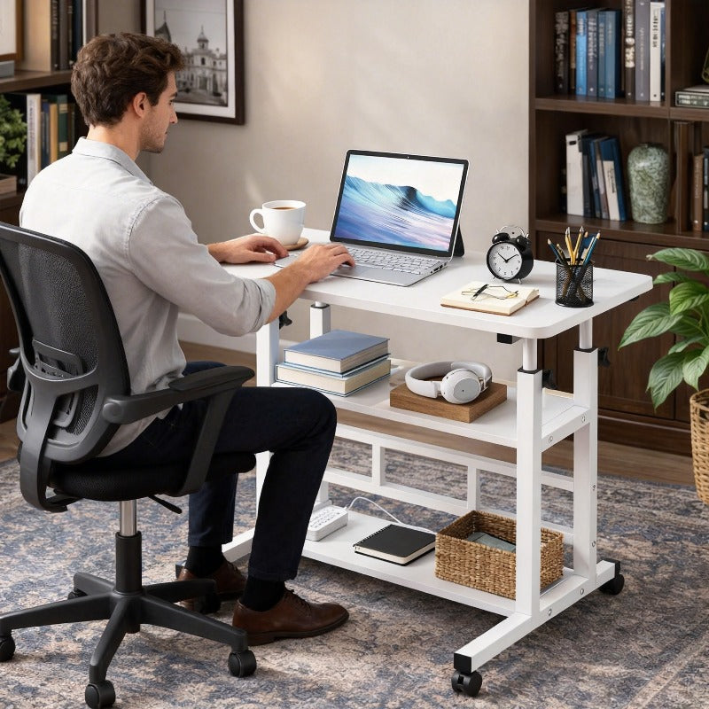 Rolling Bedside Desk, Height Adjustable 23-35 Inches, with Storage Shelf and Omnidirectional Wheels, for Home, Bedroom, Office Laptop Table