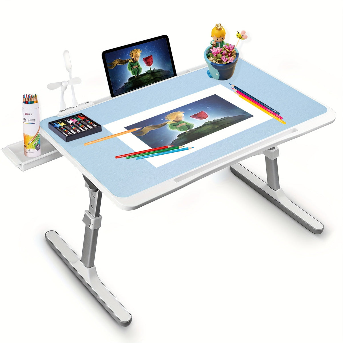 Lap Desk Bed Tray Table with USB Light, Fan & Drawer – Adjustable Portable Laptop Stand for Bed, Couch, Sofa; Laptop Desk for Reading, Writing, Eating – 10 Colors & Sizes