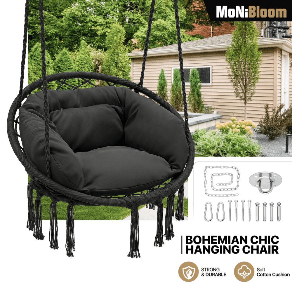 Hanging Hammock Macrame Swing Chair with Cushion – 350 LB Capacity Boho Hammock Chair for Adults & Teens Backyard Patio Reading Relaxing in Black Beige & Gray