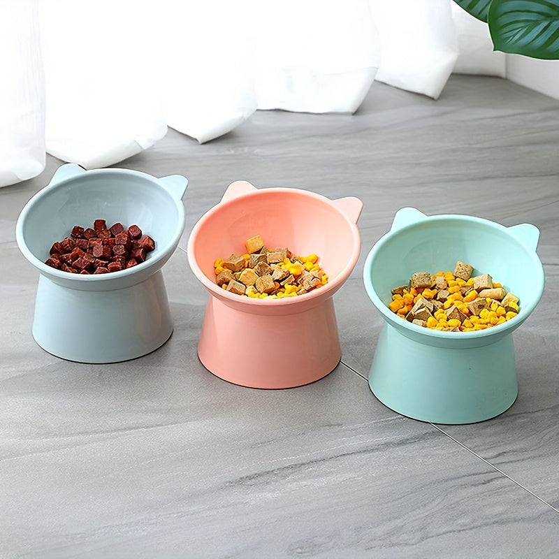 Raised Cat Bowls Set of 3, Cat-Ear Shaped Elevated Feeder, Anti-Slip Base, Neck Comfort Design, Tri-Color Pet Feeding Dish (Pink, Green, Blue) for Multi-Cat Households