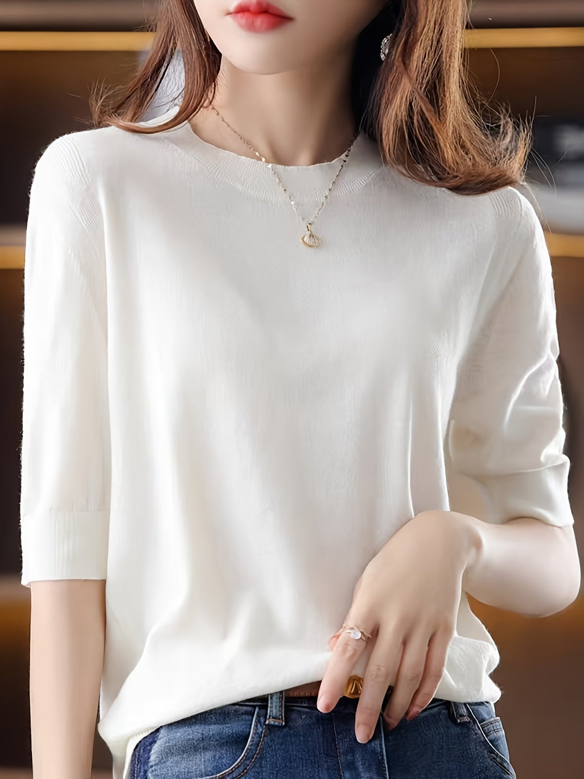 Women's Ribbed Knit Crew Neck Three-Quarter Sleeve Pullover Sweater – Vintage Elegant Stretchy Soft Fabric Spring Autumn Long Sleeve Blouse S-XXL