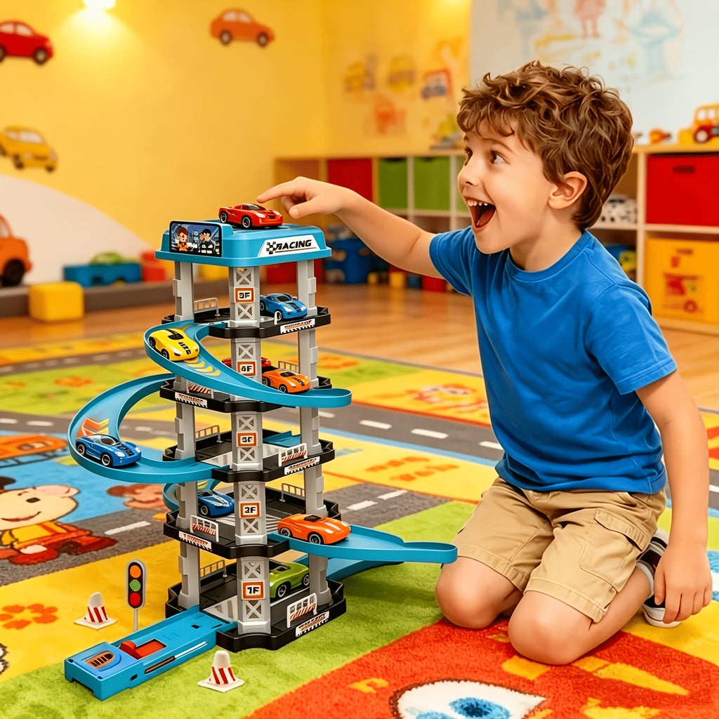 62pcs 5-Story Parking Garage 3D Multi-Layer Racing Track Set with 2 Cars, Ejection Launchers, Drift Tracks, Helipad, Gas Station, Assembly STEM Toy for Kids Boys Birthday New Year Gift