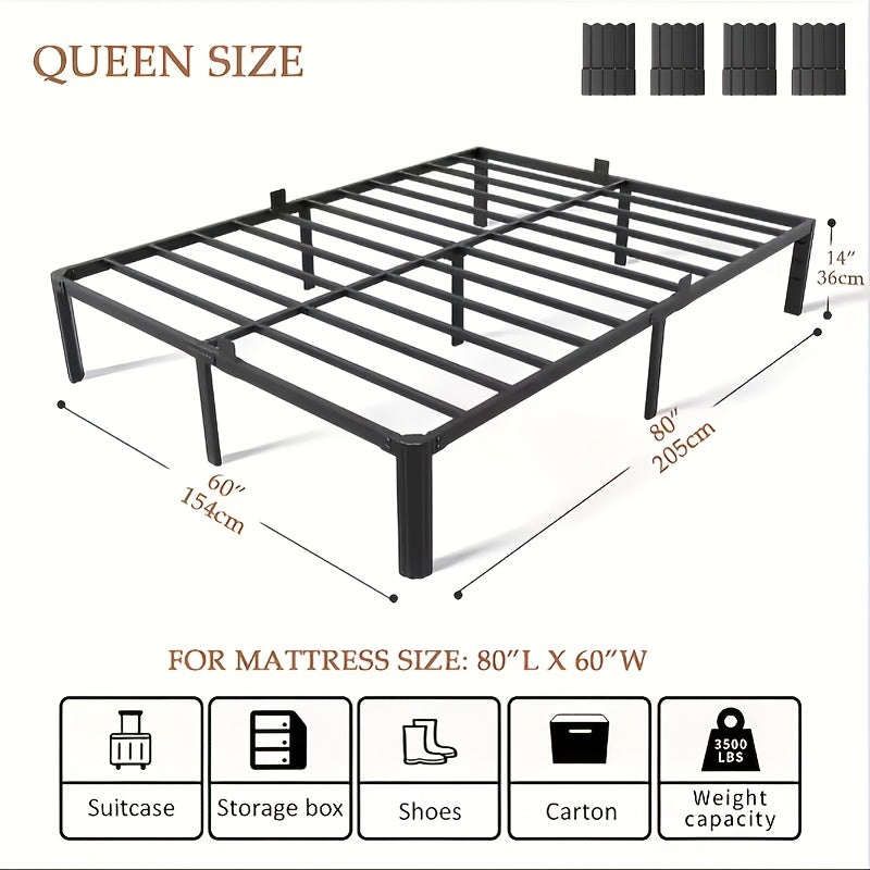 14-Inch Metal Bed Frame Twin Full Queen – Heavy-Duty Iron Frame with Fan-Shaped Legs Mattress Fixers & Under-Bed Storage Space Easy Assembly Black