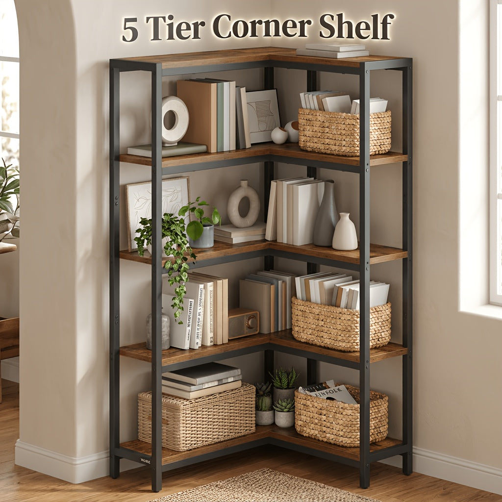 Industrial Corner Shelf 5-Tier, Convertible L-Shape or Straight Bookshelf, Metal Frame Rustic Wood Finish, Space-Saving Corner Bookcase for Living Room Bedroom Home Office Study, Multi-Level Organizer