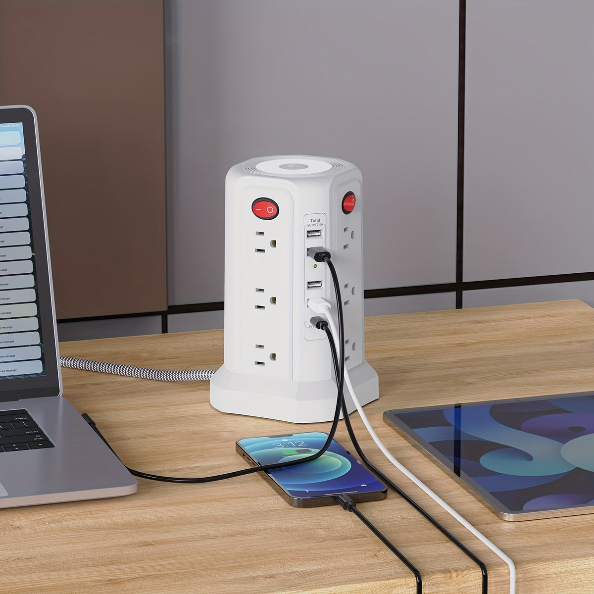 Tower Surge Protector Power Strip, 12 AC Outlets, 5 USB Ports with 18W PD USB-C Fast Charging, 10FT Extension Cord, 1800J Surge Protection, 4 Switches, for Home, Office, Desk, and Dorm Room – Space-Saving Vertical Design