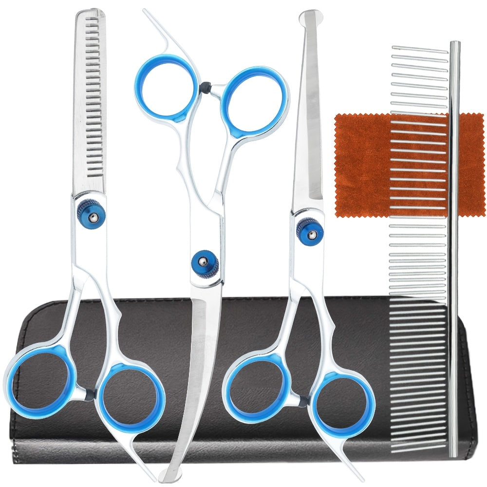 5-in-1 Dog Grooming Scissors Set - Professional Pet Grooming Kit with Safety Round Tips, Thinning Shears & Clippers for Dogs and Cats - Complete Pet Grooming Scissors Kit