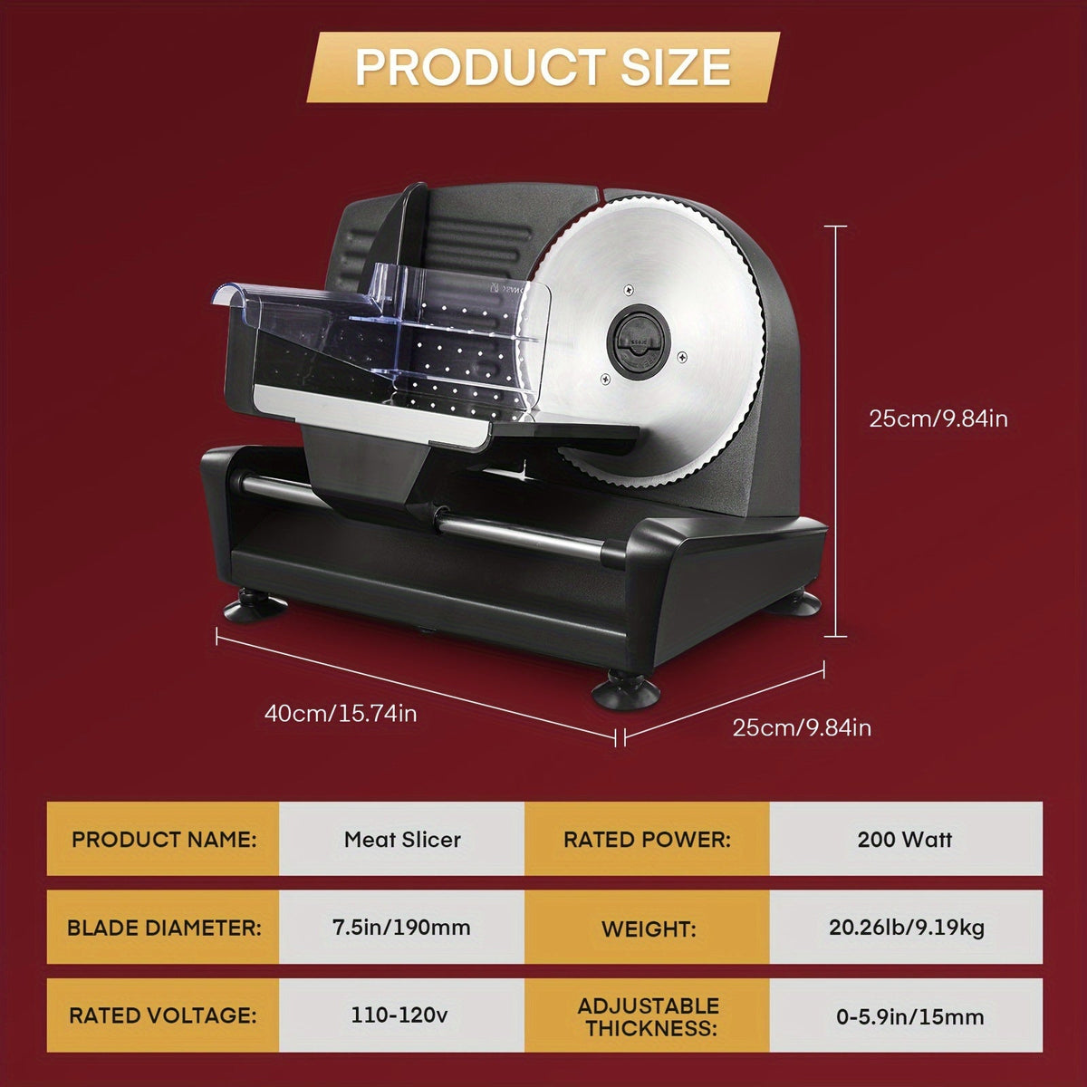 200W Electric Meat Slicer for Home Use – 2 Removable 7.5" 304 Stainless Steel Blades (Serrated + Non-Serrated), 0–15mm Thickness Control, Die-Cast Aluminum, Food Carriage Included, Black or Silver – Nova Mart